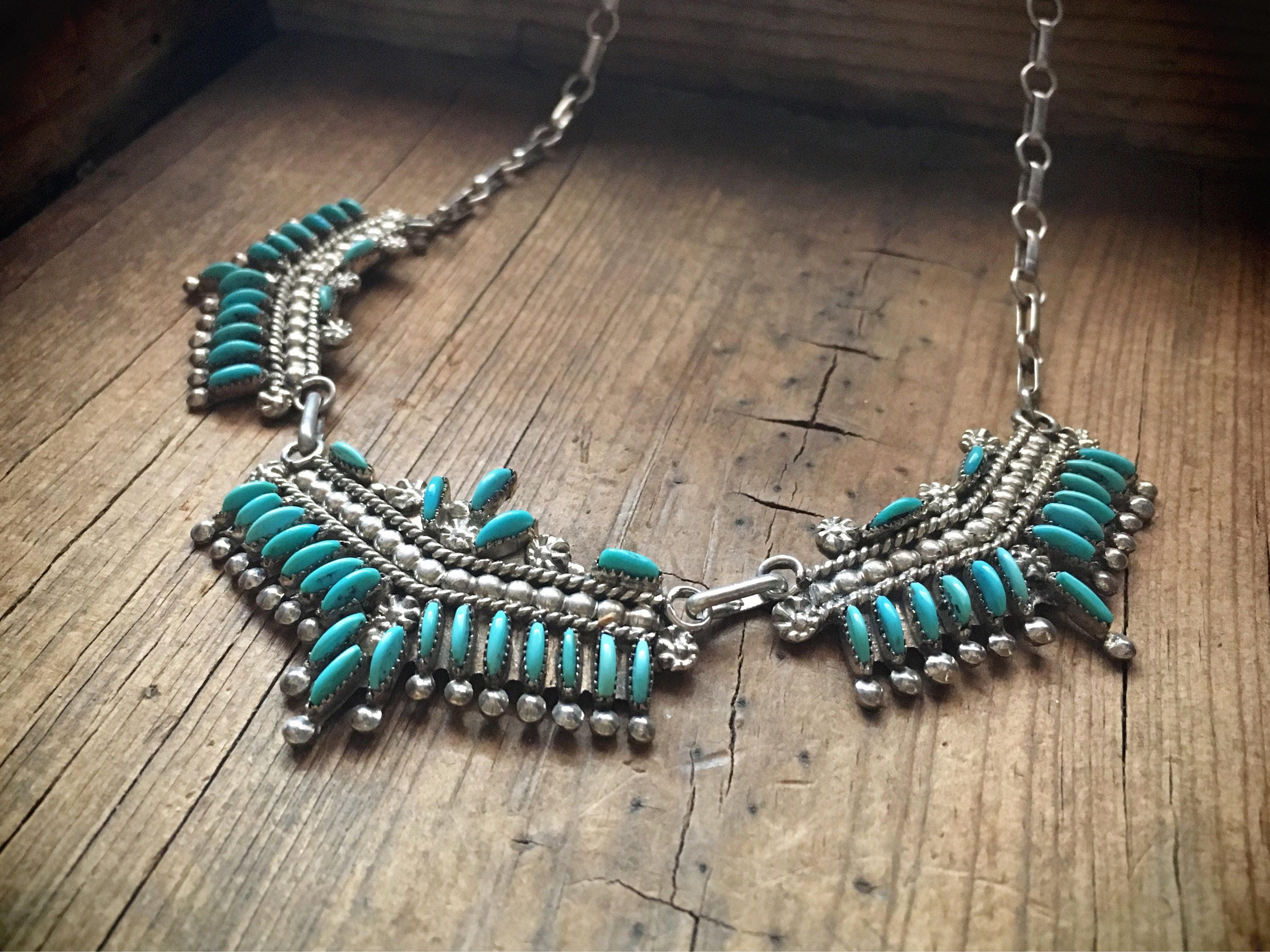 Zuni Jewelry Sterling Silver Turquoise Necklace, Native American Indian