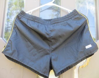 totally 80s -Brut- Mens all nylon swim trunks / beachwear BLACK with Yellow piping down sides sz med
