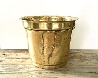 Large Solid Brass Cylindrical Planter / Brass Planter with Tassel and roping