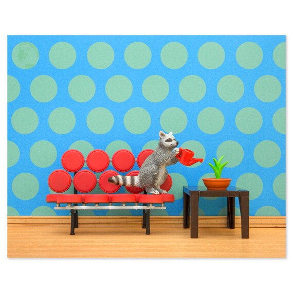 Mid century modern animal art print with a raccoon Going In