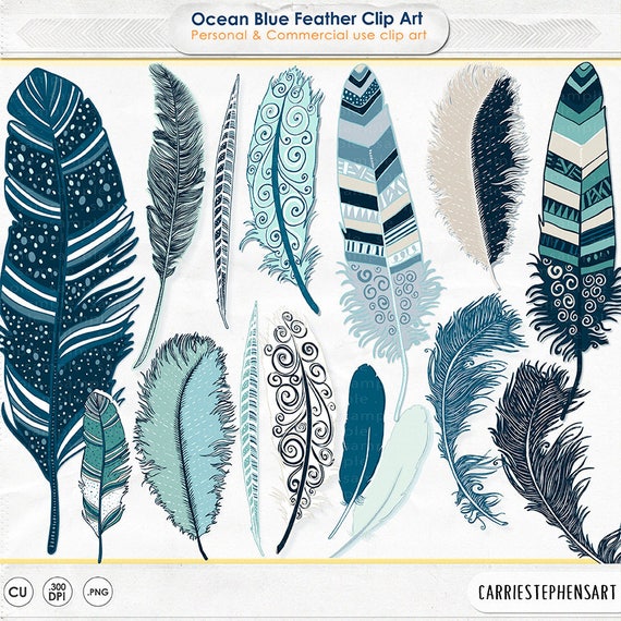 Navy Blue Feather Clip Art, Indian Summer Digital Illustration Download, Ocean Blue & Turquoise Tribal ClipArt, PNG Graphic Art Il_570xn