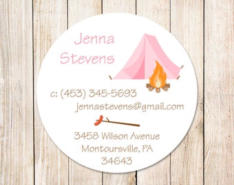 PRINTABLE summer camp calling cards for girls . pink camping tent . scouts friends exchange cards . You Print