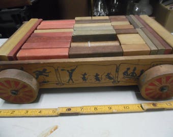 Vintage Holgate wood wagon original blocks, wood blocks, hollgate toy, wood buiding blocks,