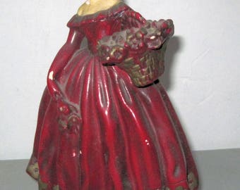 Vintage Chaulkware Figure of Lady in Red Dress holding basket of flowers