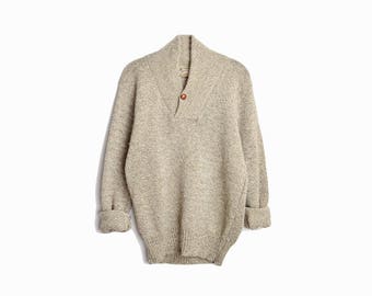 Vintage Men's Shawl Collar Wool Sweater in Marled Tan / Boyfriend Sweater - men's large
