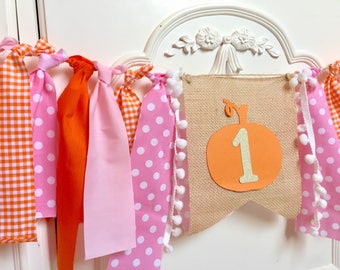 Pumpkin Birthday Highchair banner Girls Little Pumpkin Banner Pink gold Orange Fall Harvest Birthday Smash cake photo Prop Burlap Banner
