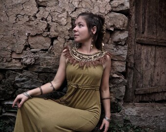 Long Dress Organic Soft Brown Bamboo with Tribal Native american style Original design embroidery