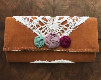 Camel Corduroy Trifold Clutch Wallet with White Crochet Doily and 3 Rosettes