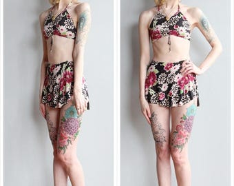 20% Off Sale // 1930s Swimwear // Dark Floral Rayon Jersey 2pc Swimsuit // vintage 30s bathing suit