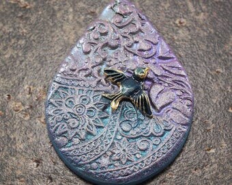Bluebird Pendant Blue Lavender Turquoise Pendant Unique Artisan Teardrop Art Bead