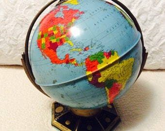 Vintage J. Chein Metal World Globe Double Axis 9" 1960s