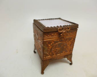 Antique Brass Trinket Box - Glass Trinket Casket - Jewelry Trinket Box - Slag Glass Trinket Box - Dresser Box - Vanity - Gold Gilt - Ormolu