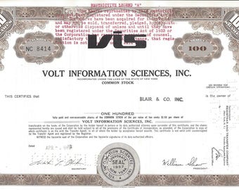 Vintage Volt Information Sciences (VIS) Original Common Stock Certificate 100 Shares (brown), 1970's,