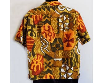 1950s-60s MALIHINI Hawaiian Bark Cloth Shirt-Jac with notched front and monogrammed pocket / Rare / Mint / Tiki
