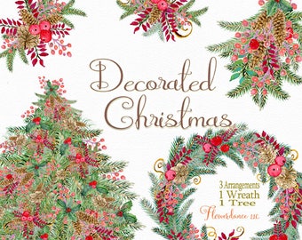 Christmas clipart, holiday clipart, watercolor clipart, pine bough swag,Christmas Tree,Christmas Wreath,watercolor clipart,evergreen clipart