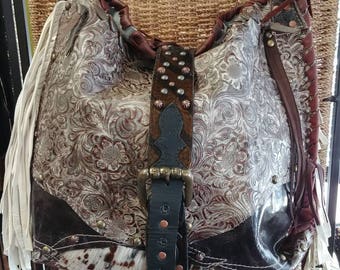 White Buffalo Creations Cowgirl Leather Large Bohemian Bag Hippie Sac Textures Outside pockets softy tube shoulder strap OR Free People