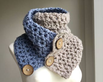 Crochet Scarf / Cowl Scarf / Crochet Snood / Knit Scarf / Crochet Neck Warmer / Buttoned Wrap / Chunky Scarf