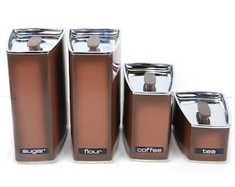 Aluminum kitchen canisters, set of 4, Lincoln Beautyware, sugar, coffee, tea, flour, sleek, retro, atomic, metal, vintage kitchen