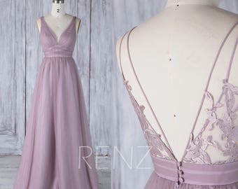 Bridesmaid Dress Dark Mauve Tulle Wedding Dress,Ruched V Neck Evening Dress,Deep V Lace Back Maxi Dress,A Line Prom Dress Full Length(HS503)