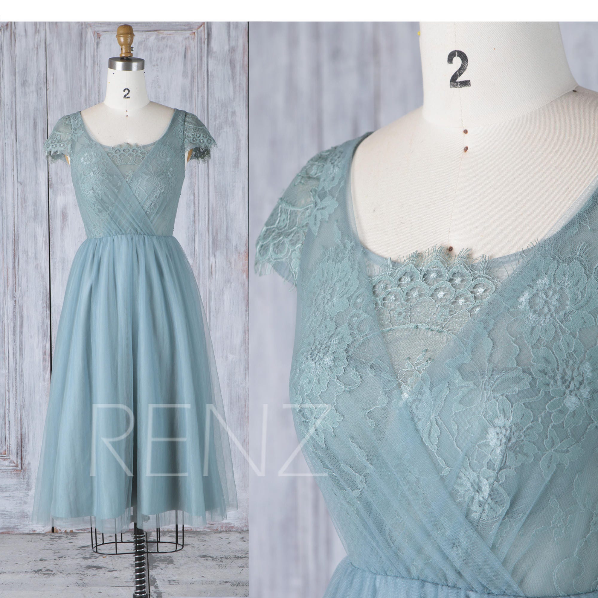 2017 Steel Blue Tulle Bridesmaid DressScoop Neck Wedding