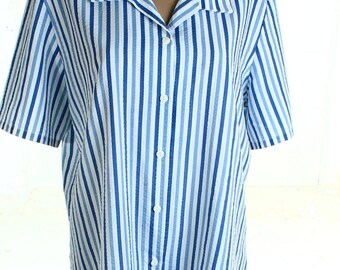 Vintage 80s Fable Blue White Striped Top Shirt UK 18 US 16