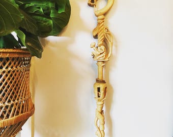 Vintage Wooden African Hand-Carved Walking Stick - Wood Hand-Carved Art Object - Walking Cane