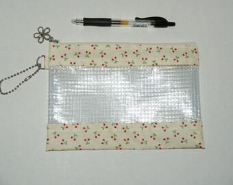 Waterproof Vinyl Zipper Pouch / Pencil Case / Cosmetic Bag Made with Laminated Cotton "Mini Cherries" with Vinyl