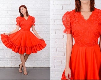 Vintage 70s Red Lace Dress Full Square Dance Floral Puff Sheer Slv Medium M 9621