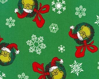Dr. Seuss Grinch Christmas Wreaths on Green from Robert Kaufman's How The Grinch Stole Christmas Collection - 100% Cotton Fabric