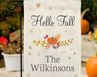 Personalized Hello Fall Garden Flag, Autumn Welcome Flag Custom Yard Decor