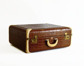 vintage suitcase brown embossed croc 1940s travel luggage