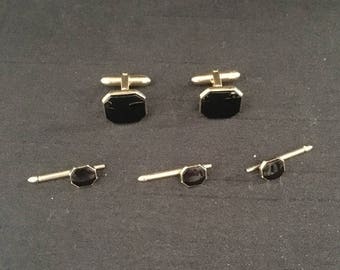 Vintage Swank Onyx and Golf Tone Cuff Links and Shirt Studs