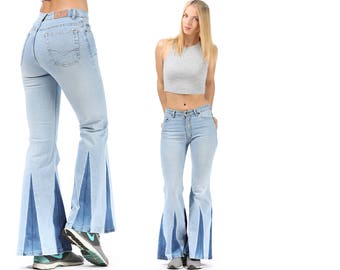 Vintage Bell Bottom Jeans 70s Super Flare High Waisted Fitted Hips Zip Up 1970s Trousers Indigo Blue Faded Hippie Bohemian Festival Small