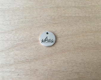 1 - Small Mountain Range Silhouette Charm - Silver Toned Brass - Round Jewelry Charms - Bracelet Pendant (B2)