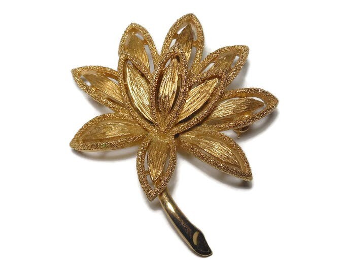 FREE SHIPPING Avon floral brooch, layered flower pin, brushed gold brooch, cutout petals, textured leaves