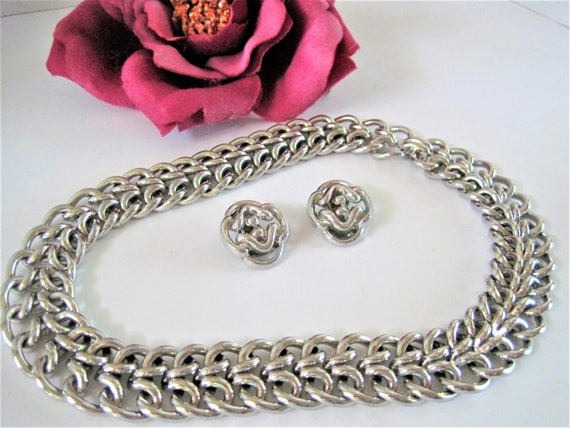 Crown Trifari Necklace Earrings - Silver Tone Choker - Pat. Pend. Philippe - Flexible Choker