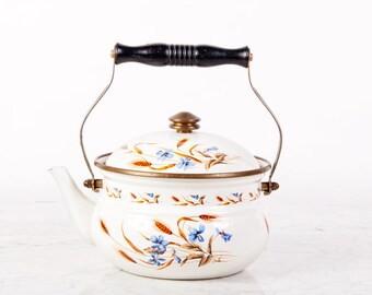Vintage Enamel Kettle / Enamel Teapot / Vintage Tea Kettle Coffee Kettle / Vintage Enamelware / Whistling Tea Kettle
