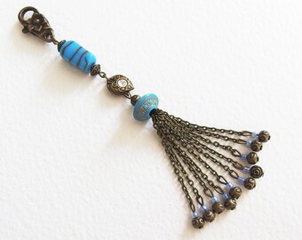 Bijou de Sac, Porte-clef - Fantaisie Bleue - Métal Bronze, Strass, Perle verre Lampwork - Bijou créateur, fait-main, pièce unique