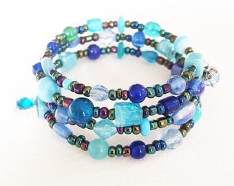 Bracelet manchette multirangs - Bleu du Ciel dans l'Univers - Perles de Verre, Métal Argenté - Bijou créateur, fait-main, pièce unique
