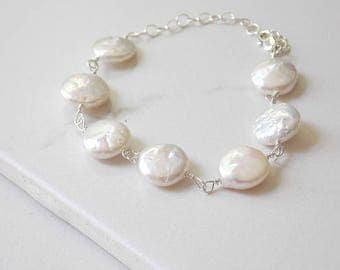 White Coin Pearl Bracelet in Sterling Silver. Freshwater, Pearl, White Jewelry