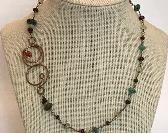 Brass, Turquoise, Prehnite, Garnet and Coral Necklace