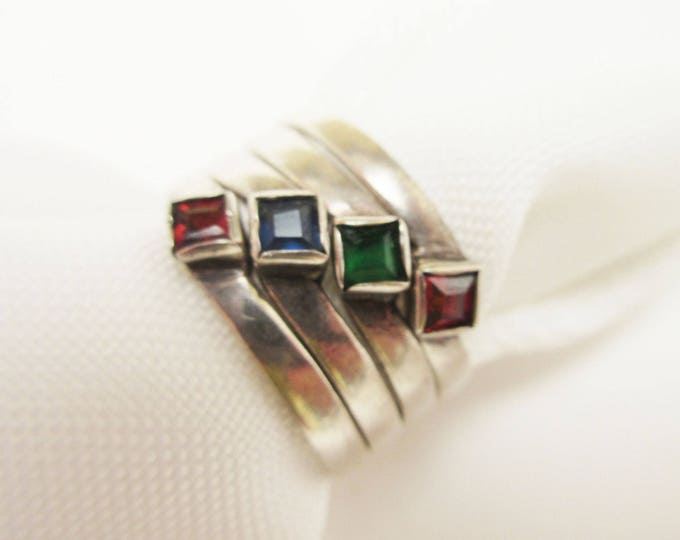 Sterling Stacking Rings set - gemstone Red Ruby,garnet ,Ruby,Green Emerald and blue spinel - Boho 4 ring collection - size 9