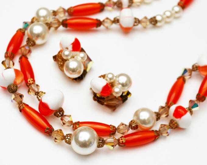 orange white bead necklace earring set - Lucite plastic - crystal glass - pearls - Mid century