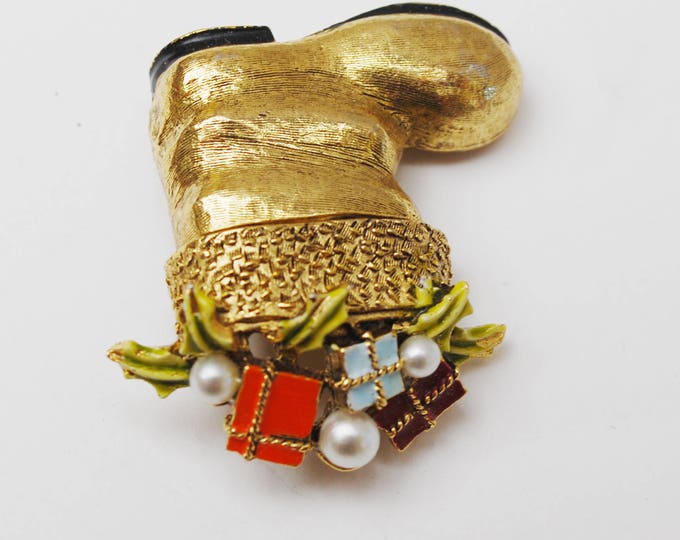 Christmas Stocking Brooch - Art Mode signed - gold boot- enamel presents -pearl - Holiday pin