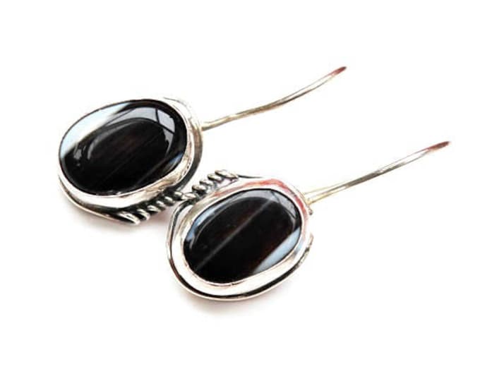 Black white Gemstone Sterling drop earrings - Agate - Zebra stone - Silver dangle earring