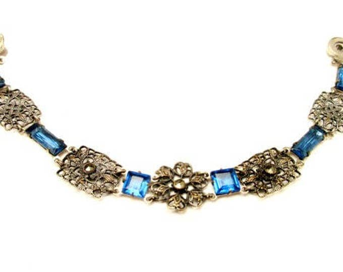 Blue Glass Link Bracelet - 1940s snap clasp - Marcasite silver plated filigree panel - Art Deco