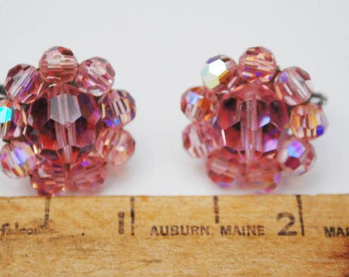 Coro Pink Crystal earrings - Bead Cluster - glass beads - Clip on earrings