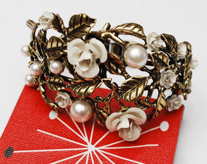 Flower clamper Bracelet - Gold repouse - white pearls,enamel flowers - wide Hinged bangle