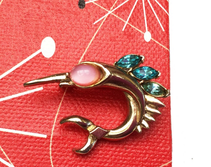 Coro Sword Fish Brooch - Gold -Pink Blue Rhinestone - Signed figurine fish pin