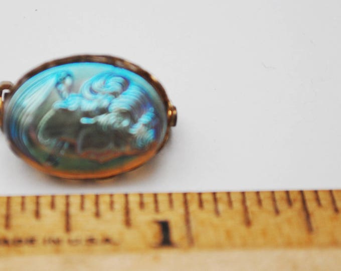 Small Glass Cameo Brooch - molded glass - Gold Metal - blue iridescent women profile - oval pin